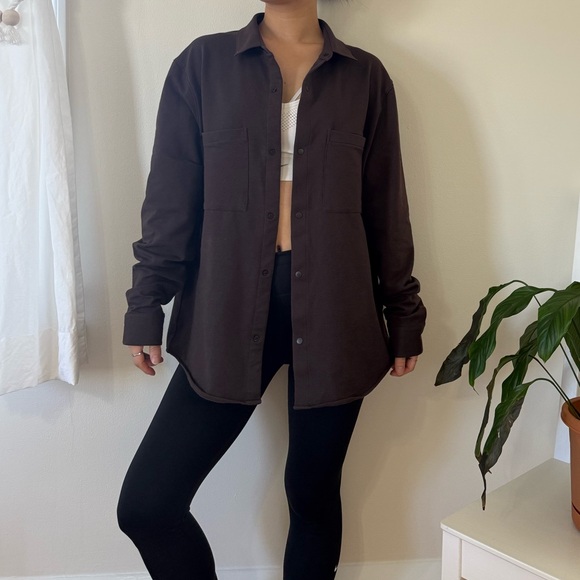 Lululemon Stretch French Terry Snap Button Brown Overshirt Chest Pocket Size L - Picture 9 of 15